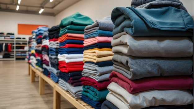 Photo folded clothes on shelves in a store