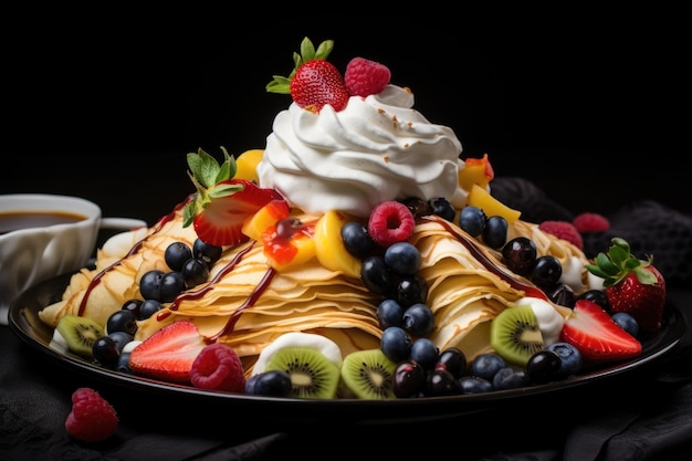 Folded crepes with fruit and whipped cream