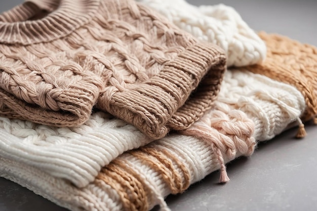 Сложенные вязаные бежевые и белые свитеры осенняя и зимняя гардеробная концепция