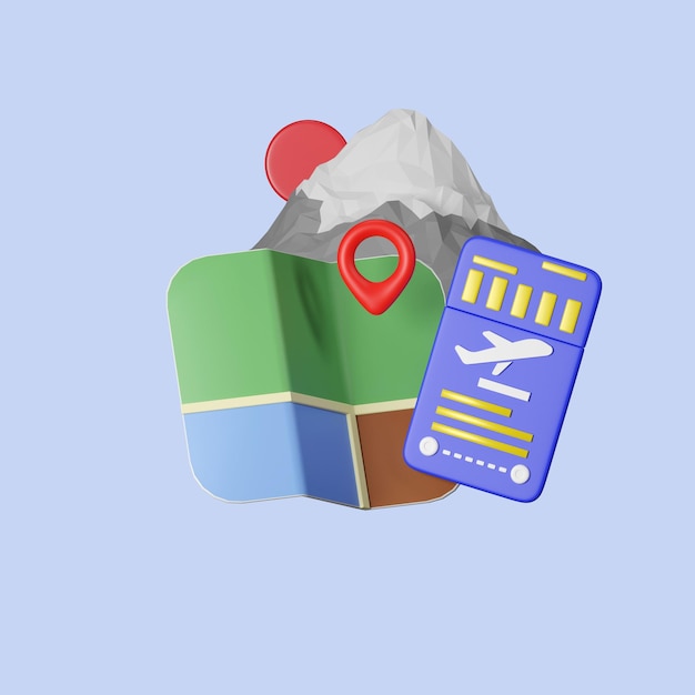 사진 탑승권 및 위치 핀이 있는 접힌 지도, mtfuji가 격리된 최소한의 탐색 일본 여행 아이콘 3d 렌더링 그림