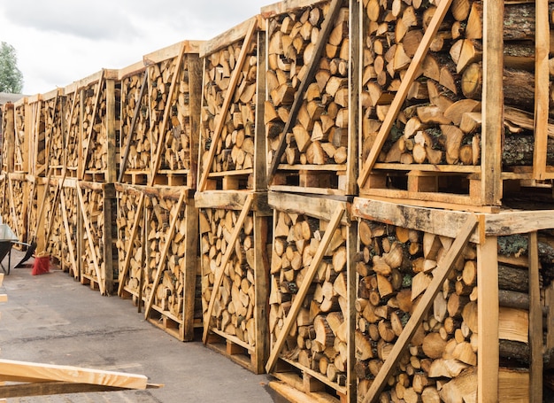 Photo folded and packaged firewood on pallets