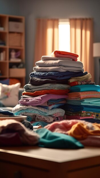 Photo folded piles of clothes amidst living room interior