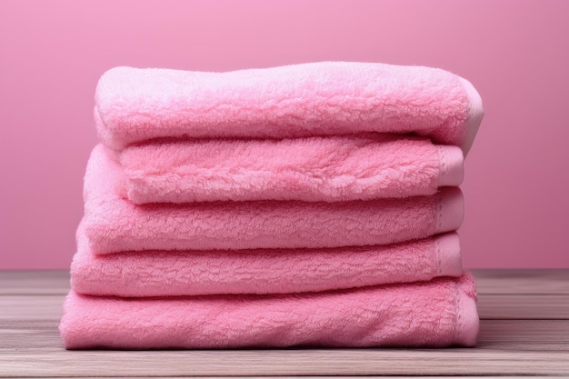 Folded pink towels on a pink background