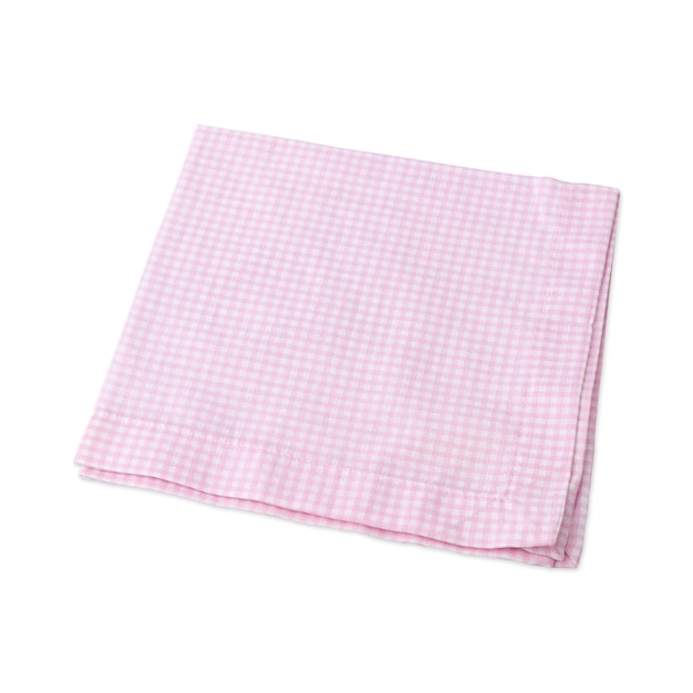 Folded plaid pink and white tissue napkin isolated over white background