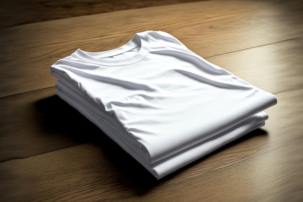 나무 배경에 접힌 흰색 티셔츠, 인쇄용 복사 공간