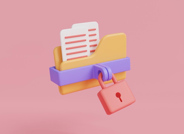 Folder icon with lock isolated on pink background Modern private folder safe confidential information data storage computer folder Data security concept 3D rendering illustration minimal style