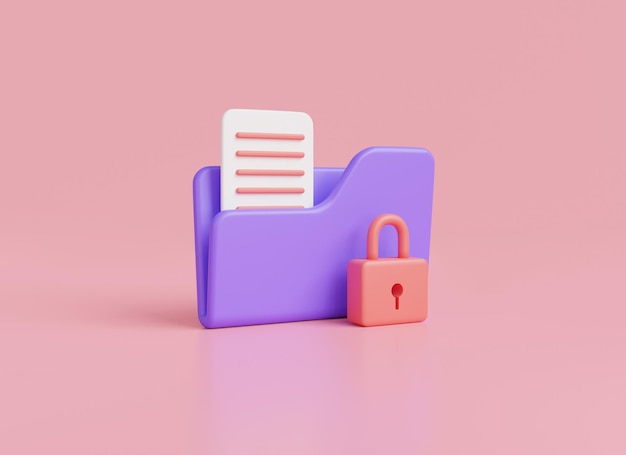 Folder icon with lock and paper document isolated on pink backgroundModern private foldersafe confidential informationdata storagecomputer folderData security concept3D rendering illustration