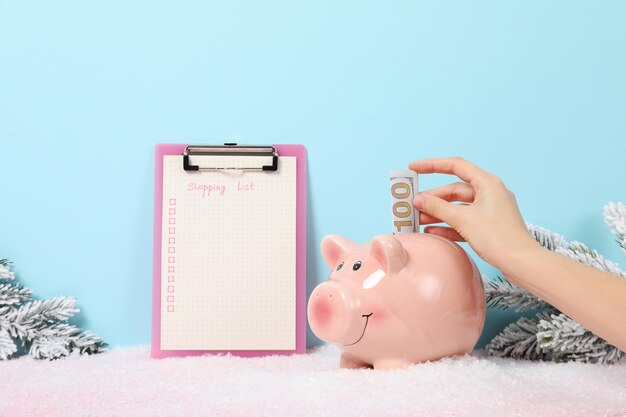 Folder with paper with list piggy bank and hand with cash on blue background