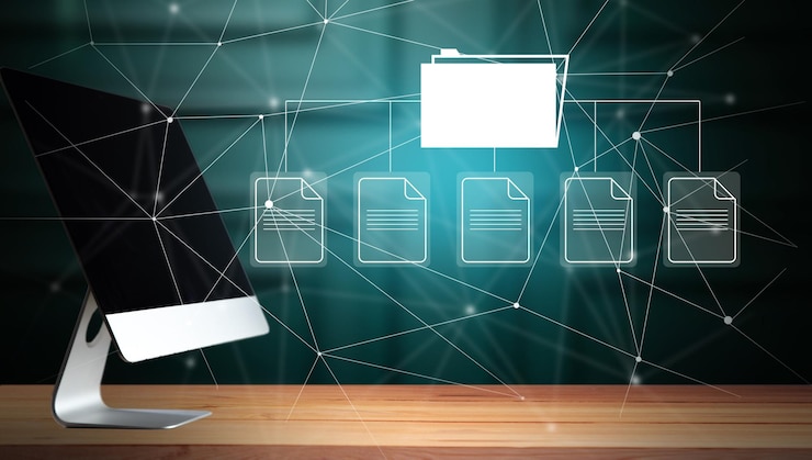 Photo folders with files on a virtual screen