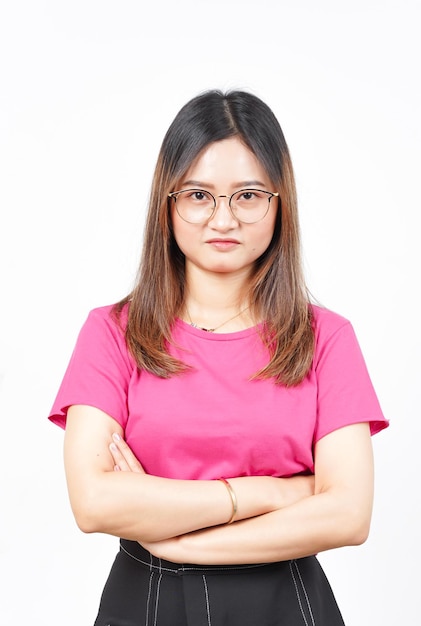 Folding arms and angry face expression of Beautiful Asian Woman Isolated On White Background