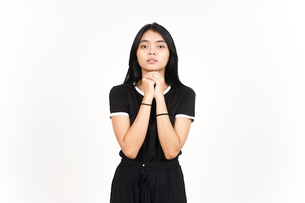 Folding arms and Begging Gesture of Beautiful Asian Woman Isolated On White Background