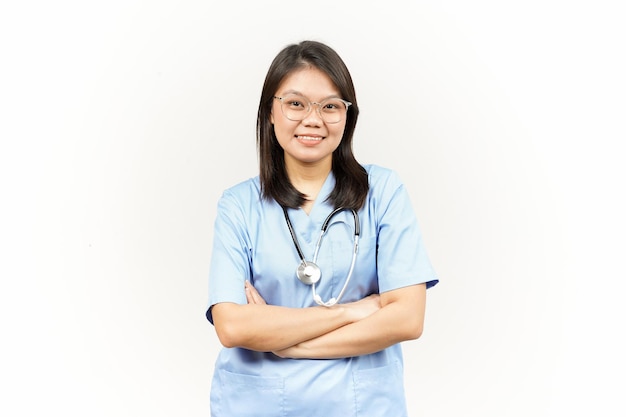 Folding arms and look at camera Of Asian Young Doctor Isolated On White Background