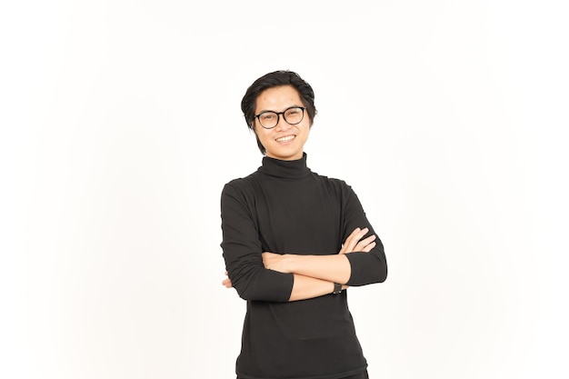 Folding Arms Smiling and Looking at camera Of Handsome Asian Man Isolated On White Background