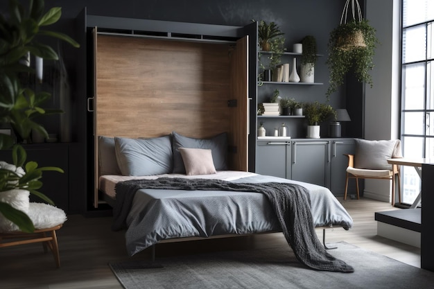 Folding bed within a dark gray wardrobe with a white comforter a floral blanket wooden shelves and other cushions in a holiday rental studio