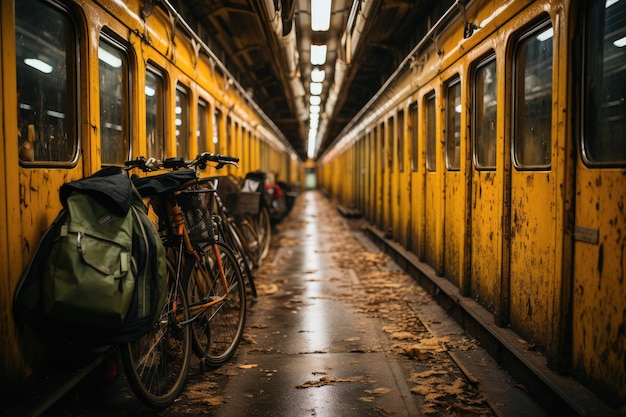 Folding bikes aligned on the train ready for journey generative IA