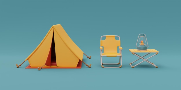 Folding camping chair with camping equipment outside tent on\
camping site elements for camping summer camp traveling trip hiking\
3d rendering