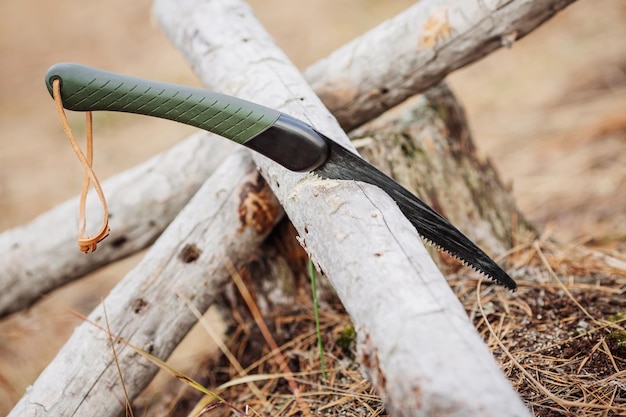 Folding saw stuck in tree in the wood