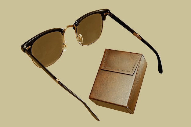 Складные винтажные солнцезащитные очки с кожаным чехлом 3d рендеринг