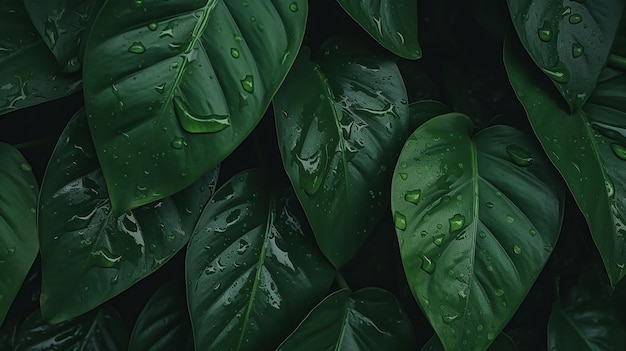 Foliage of tropical leaf in dark green with rain