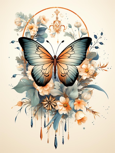 Folk clip art vlinder bloemen bladeren boho stijl aquarel bloemenboeket Ai gegenereerd