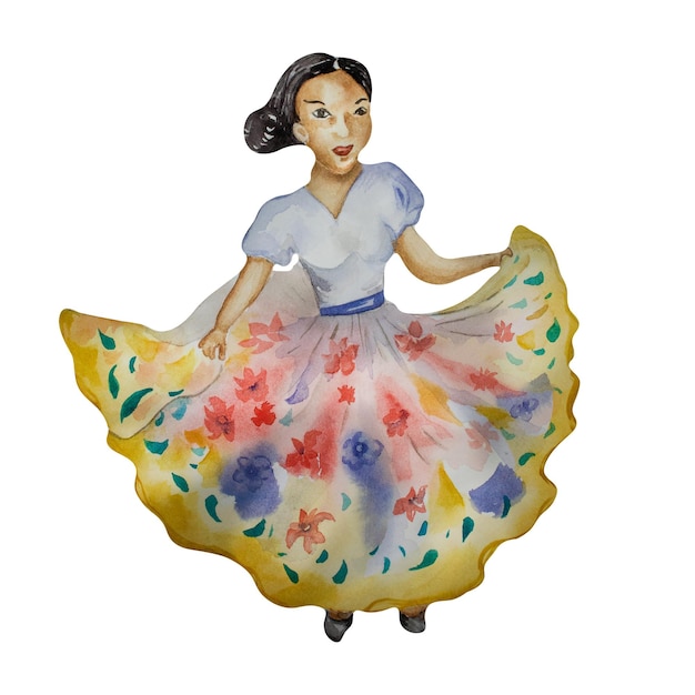 Folk dancer woman watercolor illustration on white Girl in a beautiful dress yellow blue colors