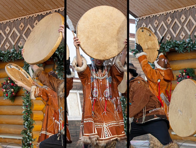 Photo folk ensemble performance in dress of indigenous people of kamchatka