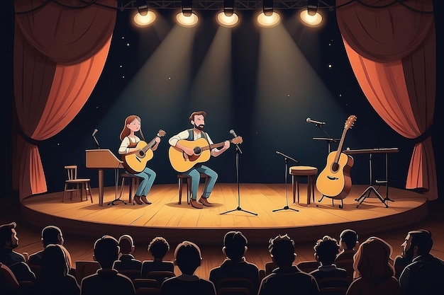 Folk Harmony CartoonStyle Stage with Acoustic Duo