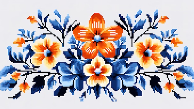 Photo folk patterns blue and orange flowers generative ai