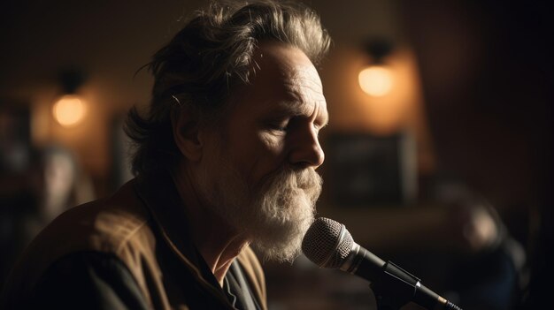 Photo folk singer male caucasian mature performing live music for an audience singing folk songs in coffee house generative ai aig22