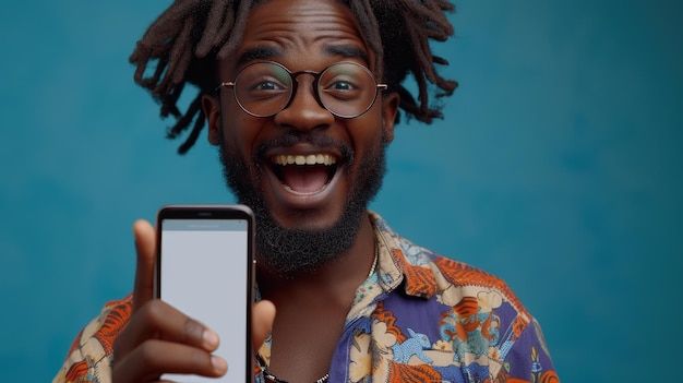 The following recommendation is for a portrait of an enthusiastic black guy with a big smartphone with white blank screen in hand pointing at the device and looking close to the camera Gadget with