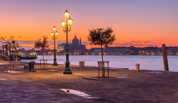 Fondamenta zattere al ponte lungo at sunrise in venice italy