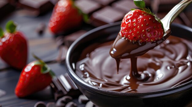 Fondue fork with strawberry in bowl of melted chocolate