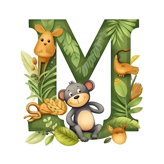 Photo font design for letter m with wild animals and tropical plants illustration