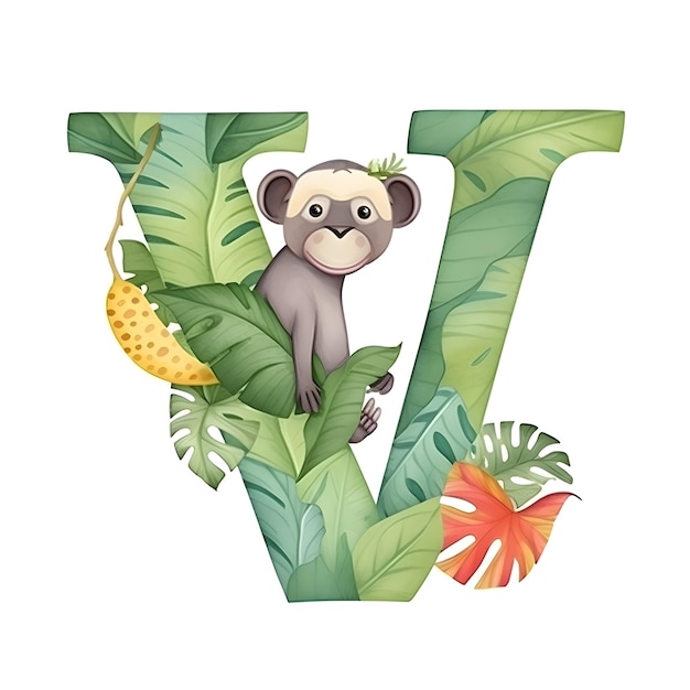 Font design for the letter V with cute monkey and tropical leaves illustration