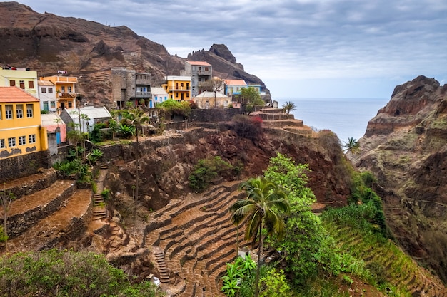 Fontainhas dorp en terras velden in Santo Antao eiland