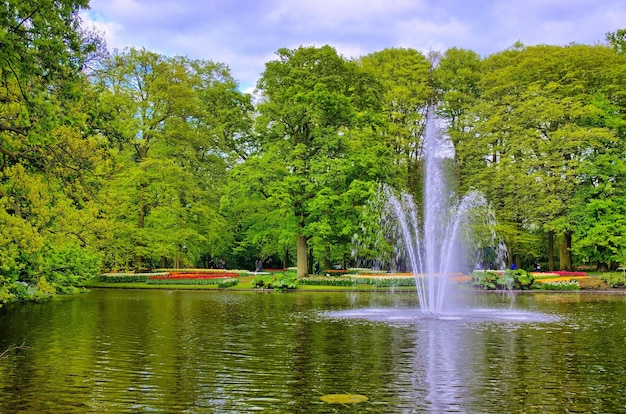 Fontein in de vijver met groene bomen Keukenhof Park Lisse Holland