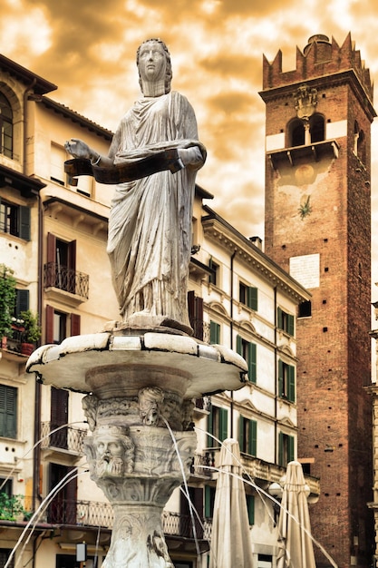 Fontein van Madonna op Piazza delle Erbe, Verona, Italië (afgezwakt sepia)