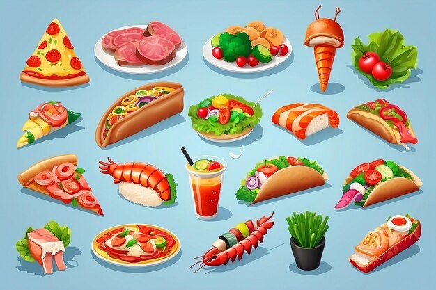 Photo food 3d cartoon vector icon set slice of pizza taco roast turkey sandwich vegetables