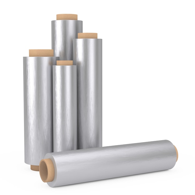 Food Aluminum Metal Packaging Foil Rolls on a white background. 3d Rendering