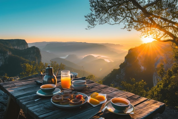 Фото Еда и кофе на столе на вершине горы при закате или восхождении солнца потрясающий ужин с потрясающим видом на пейзаж концепция путешествия поход на природу ресторан солнечный курорт