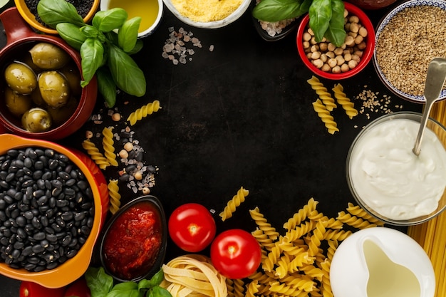 Premium Photo | Food background food concept with various tasty fresh  ingredients for cooking. italian food ingredients. view from above with  copy space.