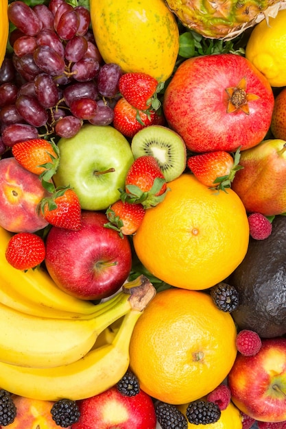 Food background fruits collection portrait format apples berries oranges lemons fruit