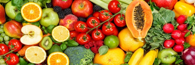 Photo food background fruits and vegetables collection apples banner tomatoes fruit vegetable