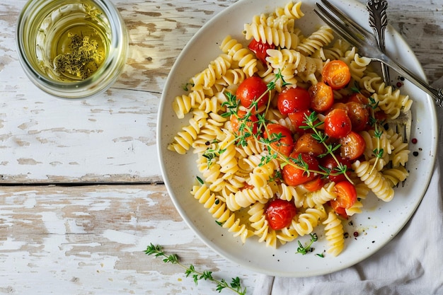 Foto sulla base di cibo pasta risotto di riso insalata su uno sfondo di legno bianco spazio di copia gratuita