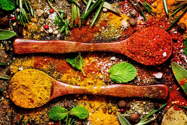 Food background spices peppers salt herbs mint leaves top
view