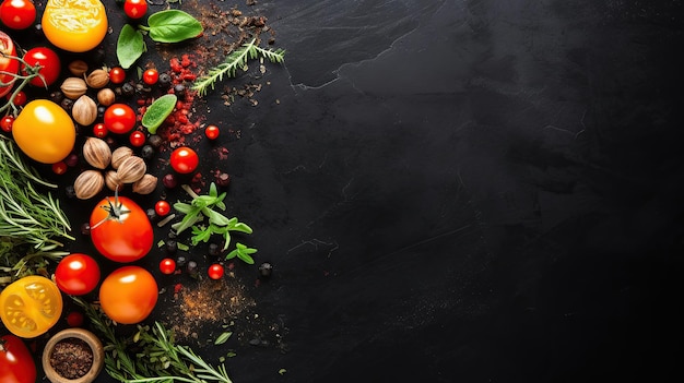 food background top view of olive oil cherry tomato herbs and spices on rustic black slate