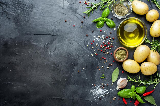 Foto sfondo alimentare vista dall'alto di patate all'olio d'oliva, erbe e spezie su ardesia nera rustica