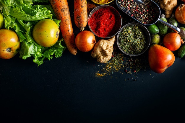 Food background with veggies and spices