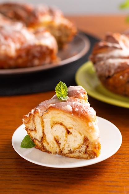 Food bakery concept fresh baked homemade Cinnamon Roll Braided Bread with copy space