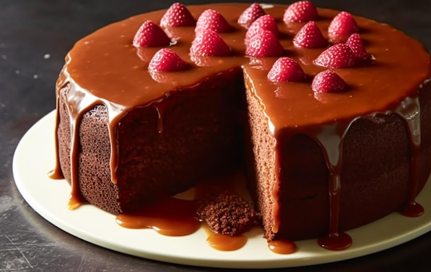 Food bakery and holiday baking recipe chocolate cake pudding with cocoa caramel sauce generative ai